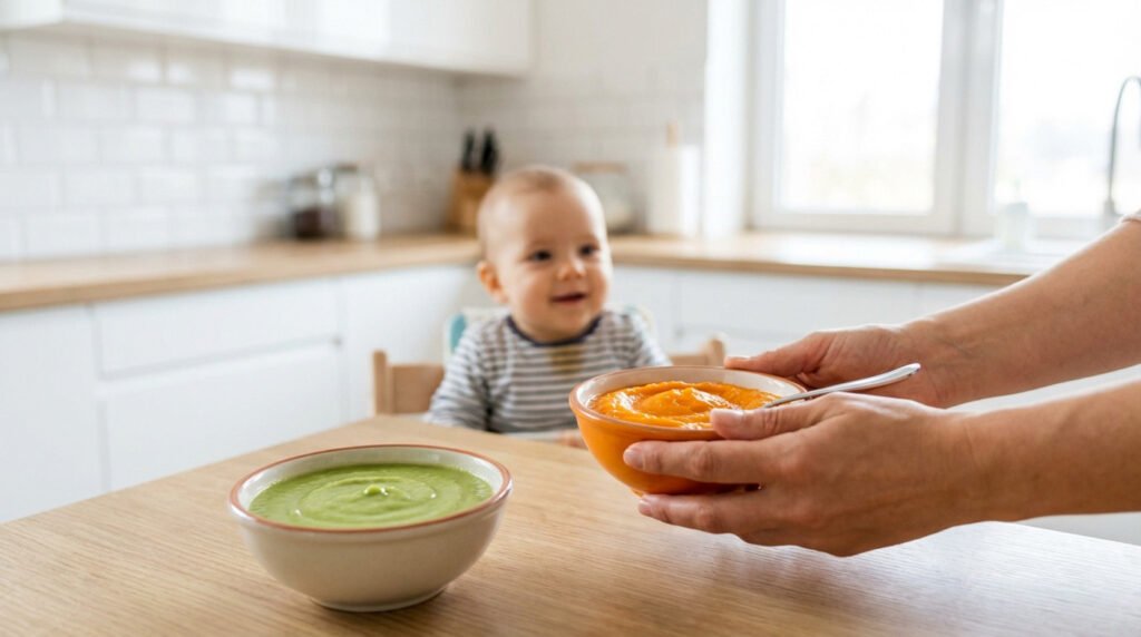 babys first meal healthy purees in a modern kitchen 3 Recette bébé 6 mois | 15 menus sains et conseils 2026