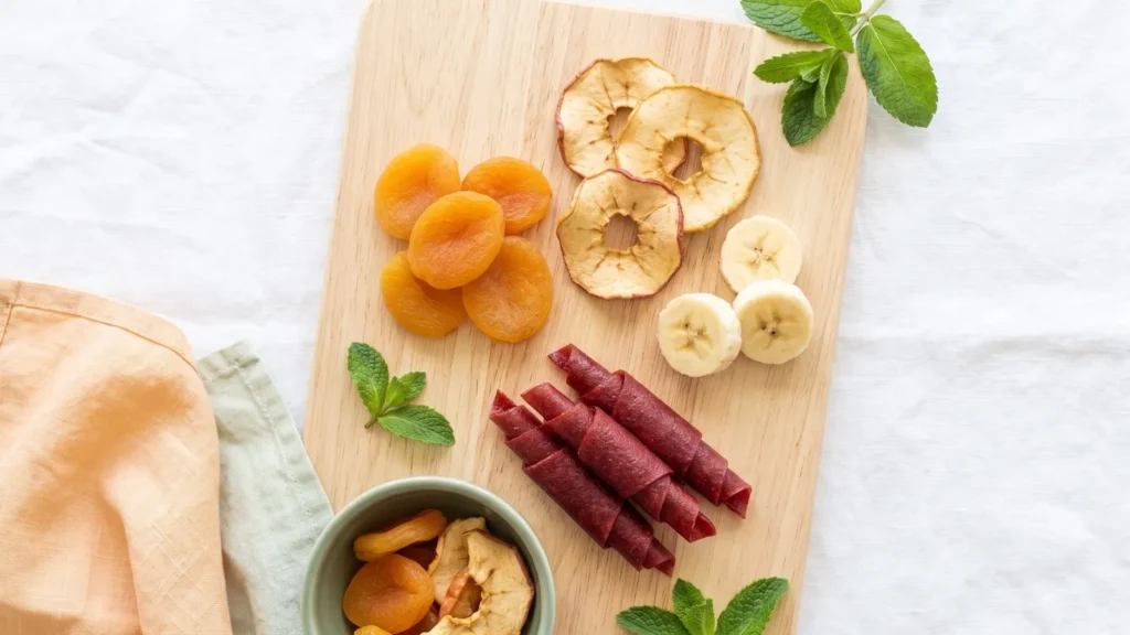 Abricots secs, chips de pomme, banane et rouleaux de fruits maison sur une planche