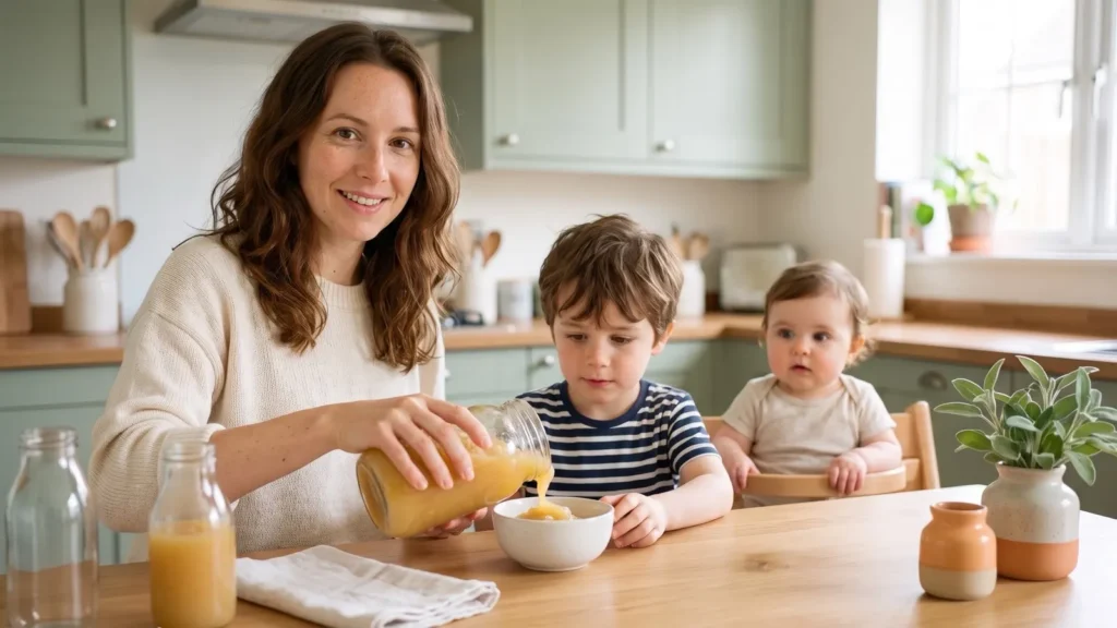 Camille sert une compote maison dans un bol à son fils, sa fille la regarde