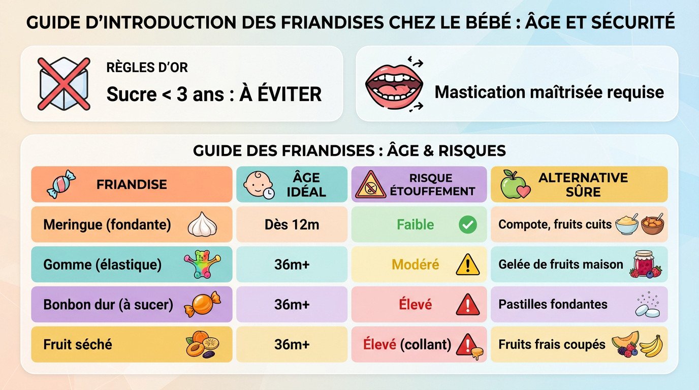 Bébé regardant des bonbons colorés avec curiosité, illustrant le dilemme de l'introduction du sucre