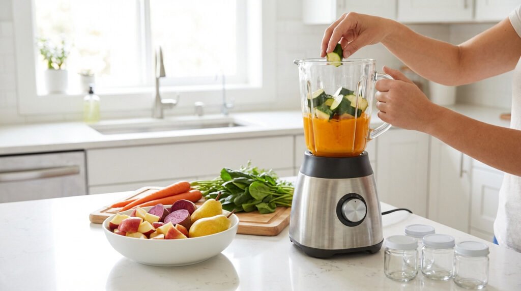 homemade baby food prep fresh ingredients in modern kitchen 3 Petit pot bébé maison - Guide, recettes & avis 2026