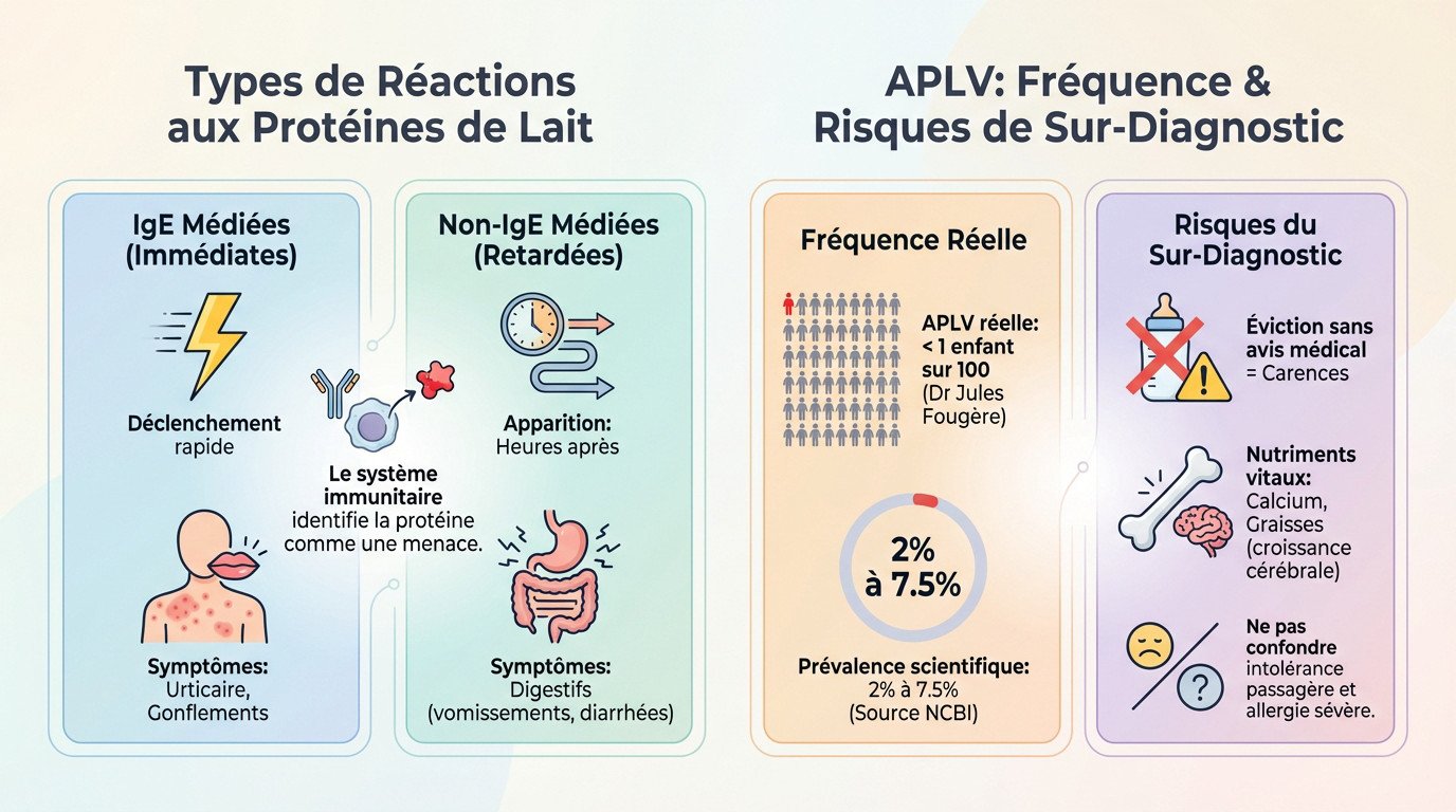 Infographie détaillant les réactions immunitaires et la fréquence de l'APLV chez le nourrisson
