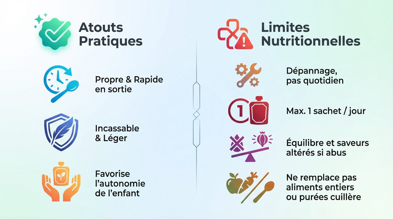 Infographie détaillant les avantages et les limites nutritionnelles des compotes en sachet pour les enfants