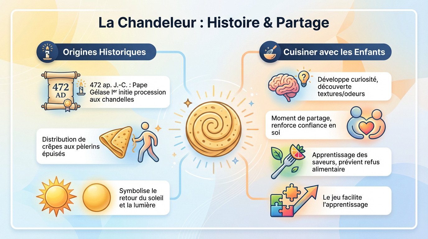 Illustration historique de la Chandeleur et du partage de crêpes en famille