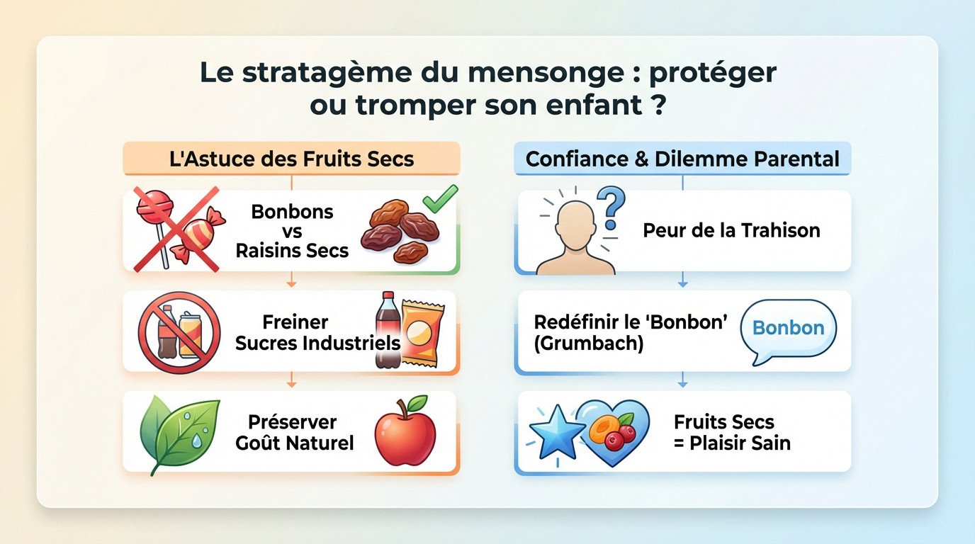 Parent hésitant entre donner un bonbon ou un fruit sec à son enfant
