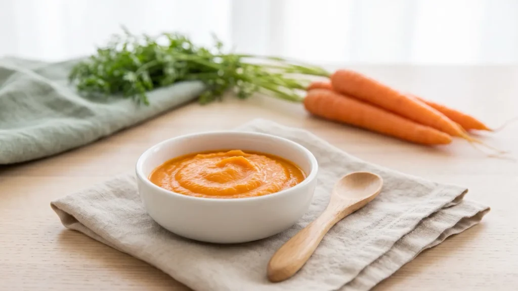 Bol de purée de carotte orange vif et carottes fanes en arrière-plan