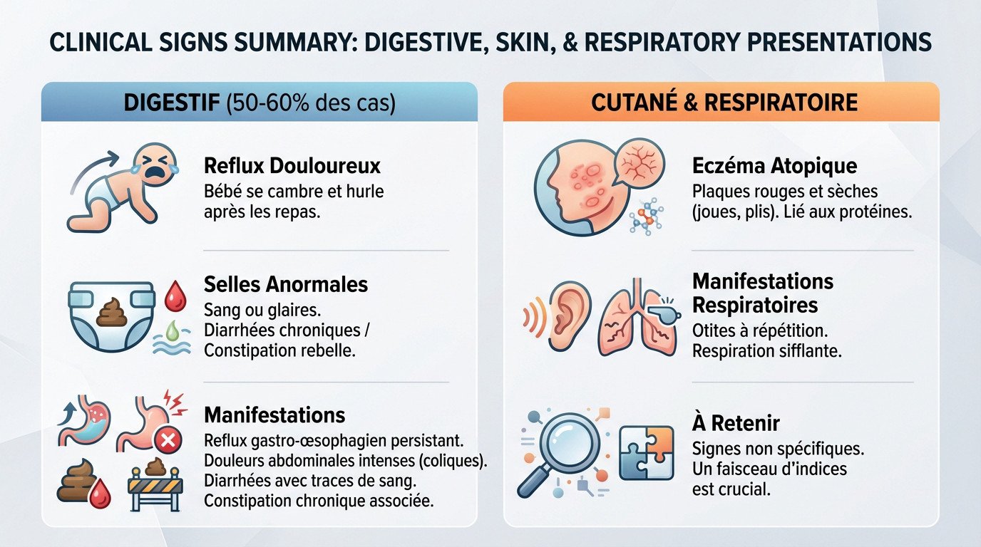 Schéma récapitulatif des symptômes digestifs, cutanés et respiratoires de l'allergie aux protéines de lait de vache chez le bébé