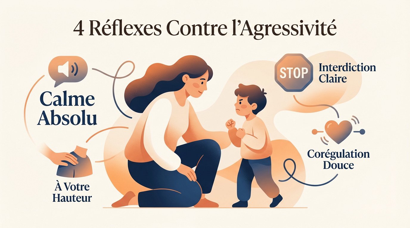 Père calmant son jeune enfant avec bienveillance pour stopper un geste agressif