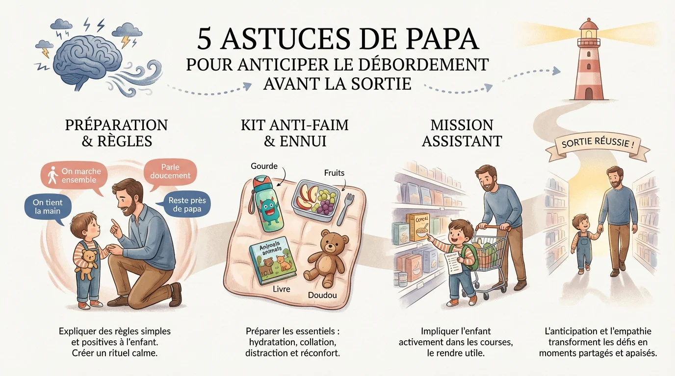 Papa préparant calmement une sortie avec son jeune enfant pour éviter les crises