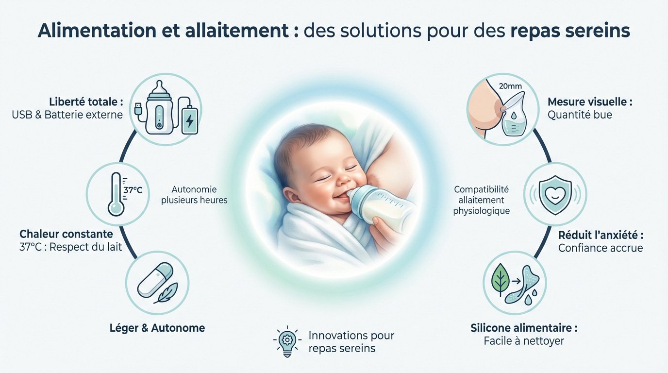 Papa préparant un biberon avec un chauffe-biberon nomade USB lors d'une sortie en famille