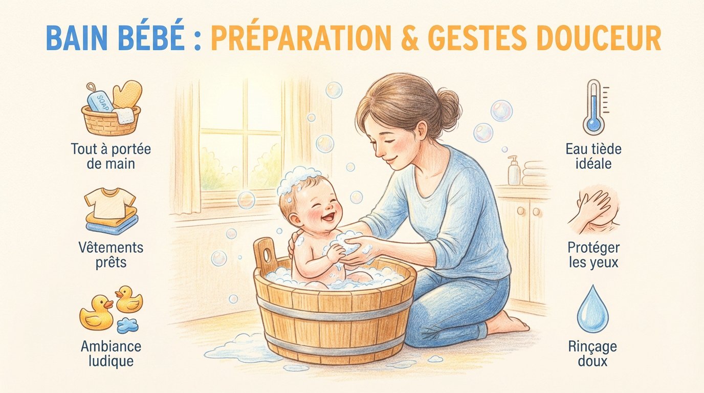 bain bebe preparation and gestes douceur Préparation du matériel et gestes de douceur pour le bain de l'enfant