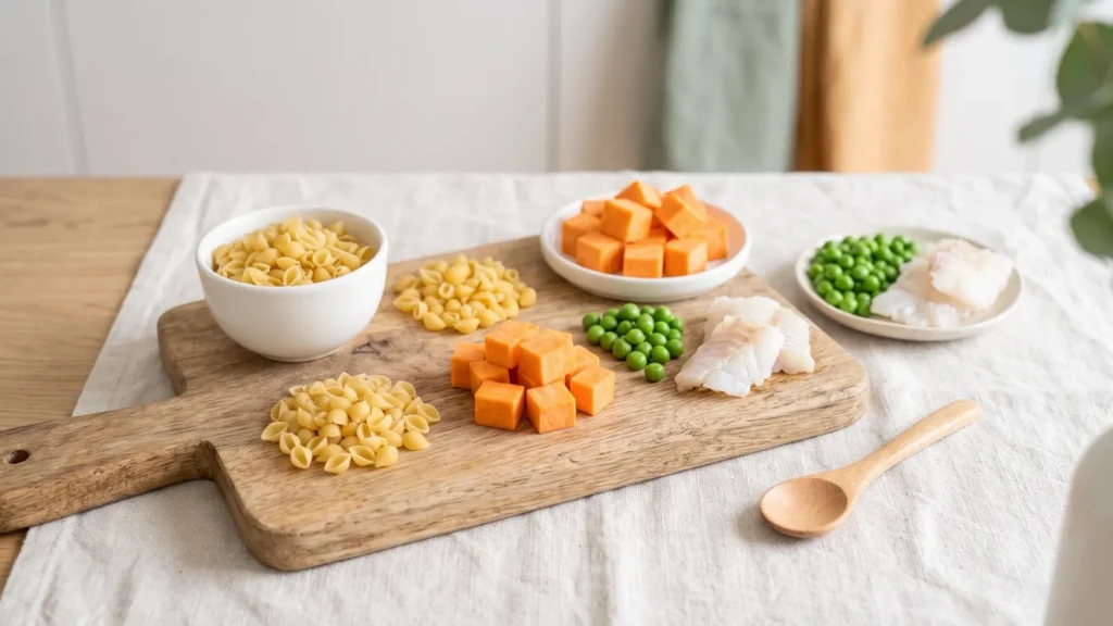 Morceaux fondants pour bébé de 12 mois : pâtes, patate douce, petits pois et poisson