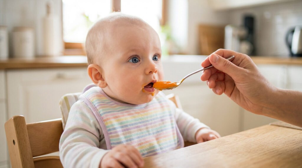 bebe decouvre sa premiere puree 3 Diversification alimentaire bébé 4 mois | Guide 2026