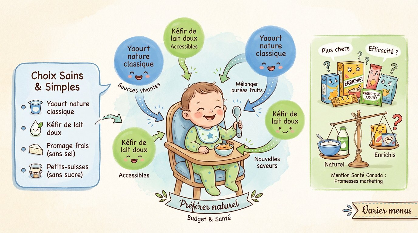 Bébé devant un choix entre un yaourt nature et un produit industriel enrichi
