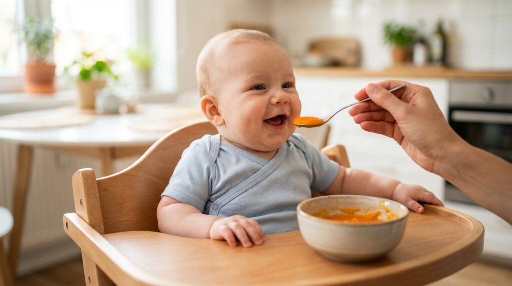 bebe heureux nourri a la cuillere 3 Légumes bébé 4 mois | Guide et conseils pro de 2026