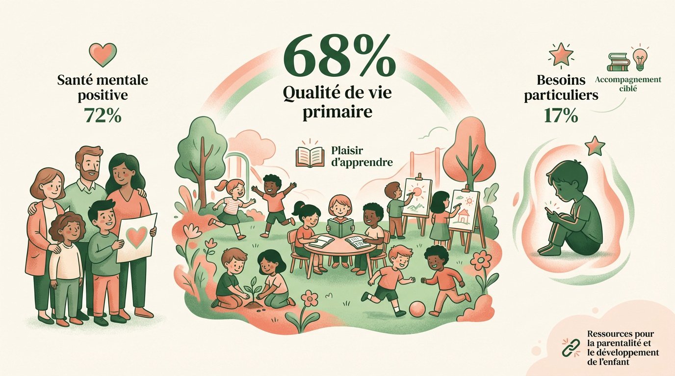 Enfants épanouis à l'école primaire au Québec illustrant le bien-être et le développement