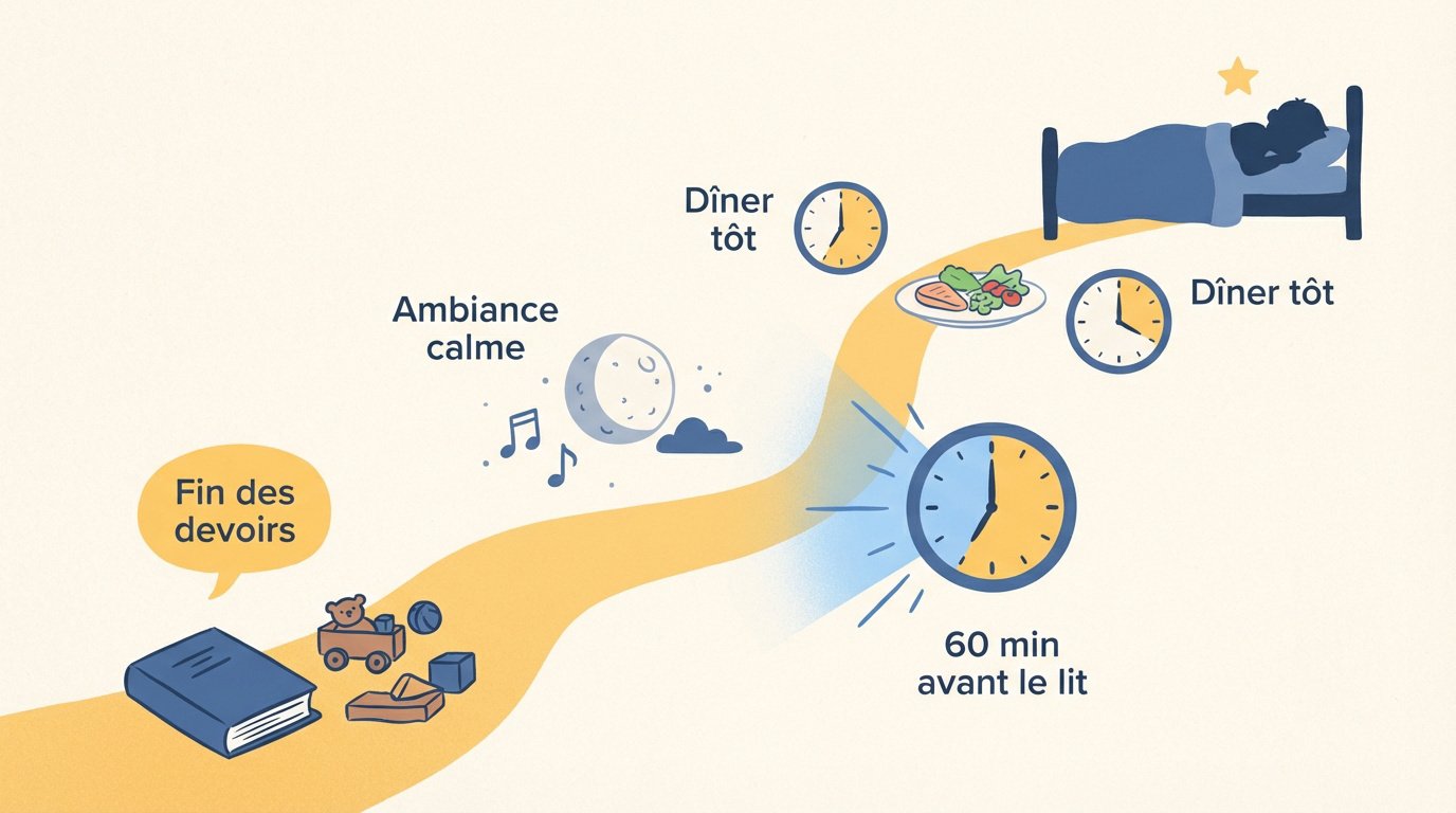 Enfant suivant une routine apaisante avant de s'endormir dans sa chambre