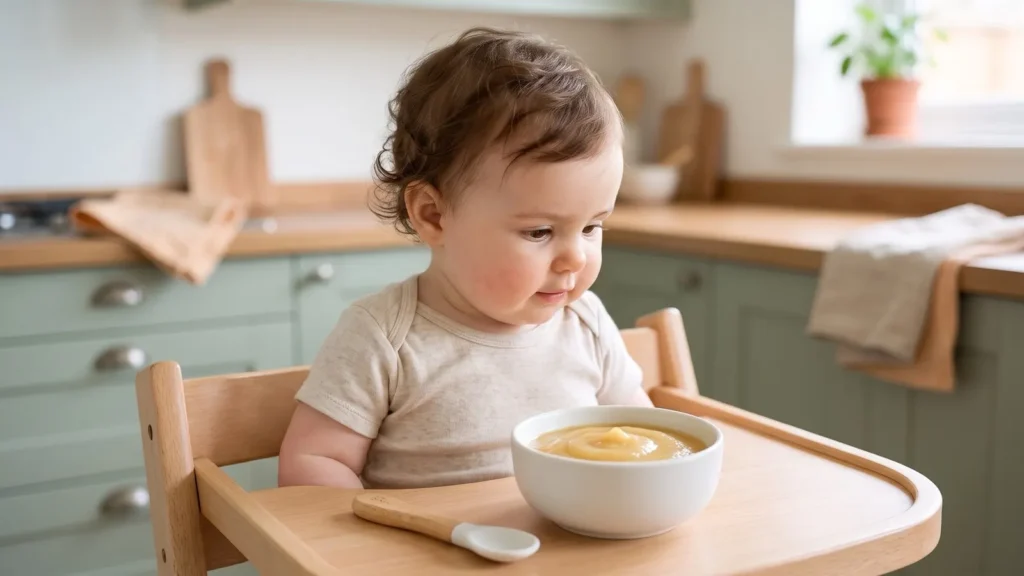Bébé dans sa chaise haute devant un bol de compote de pomme et de poire