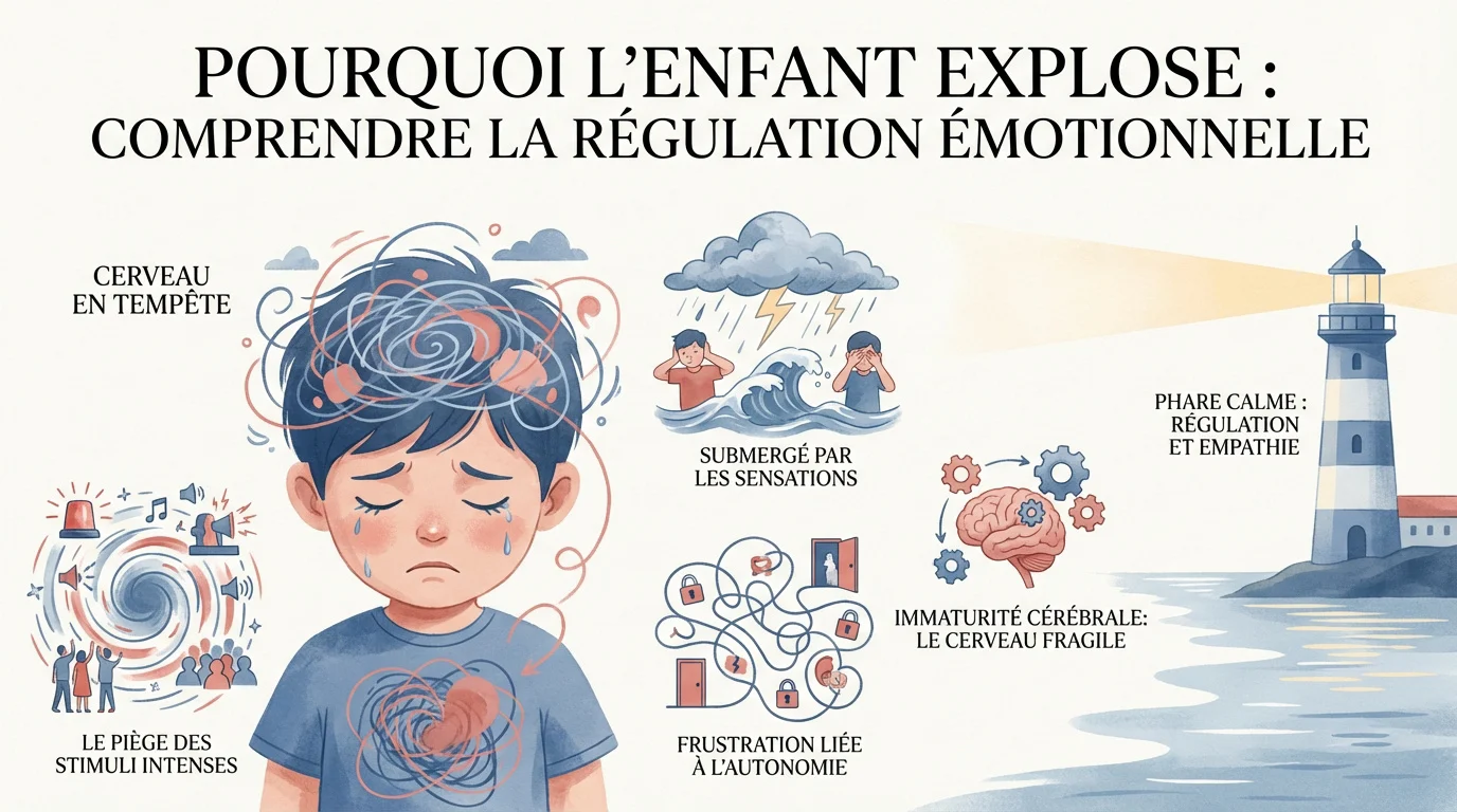 Jeune enfant en pleine crise émotionnelle au sol illustrant l'immaturité cérébrale