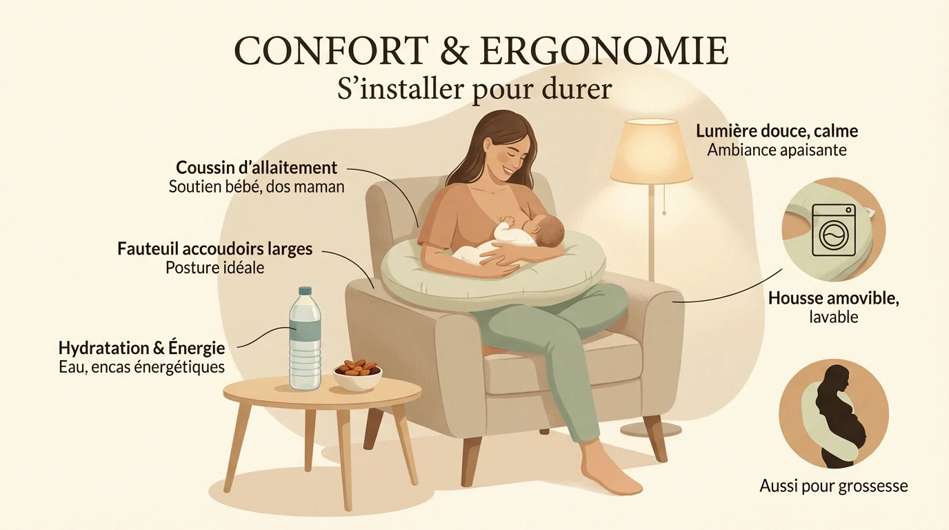 Maman installée confortablement avec un coussin d'allaitement dans un fauteuil stable