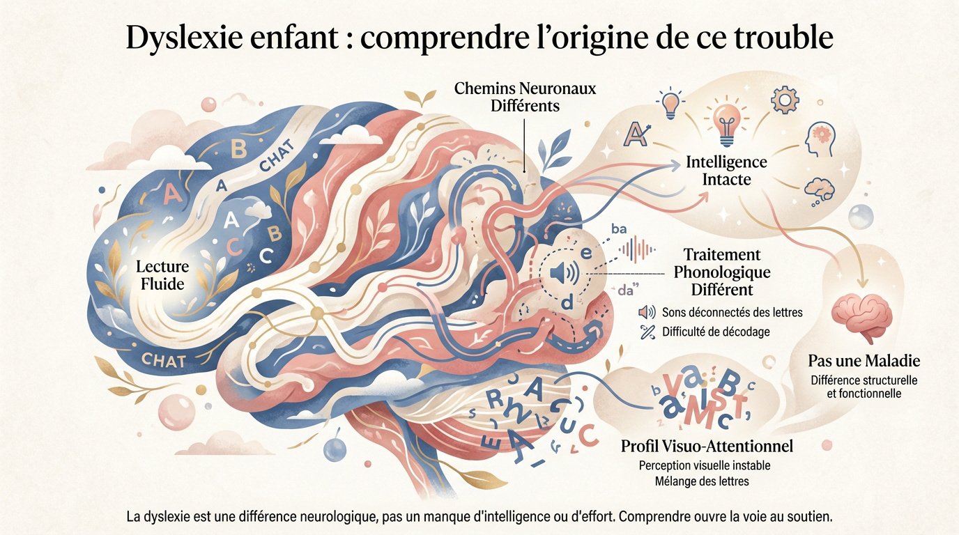 Enfant concentré sur la lecture illustrant les mécanismes de la dyslexie