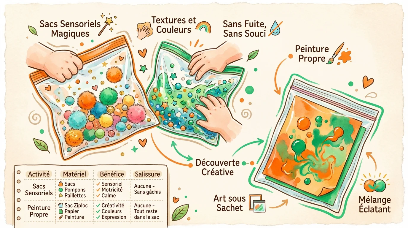 infographie dactivites sensorielles sans nettoyage Infographie présentant des idées de sacs sensoriels et de peinture propre pour l'éveil de bébé
