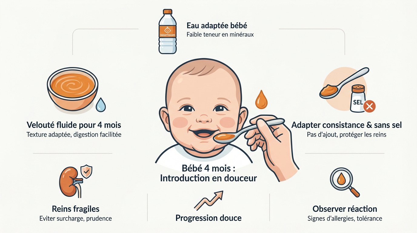 Bébé de 4 mois découvrant ses premières purées de légumes