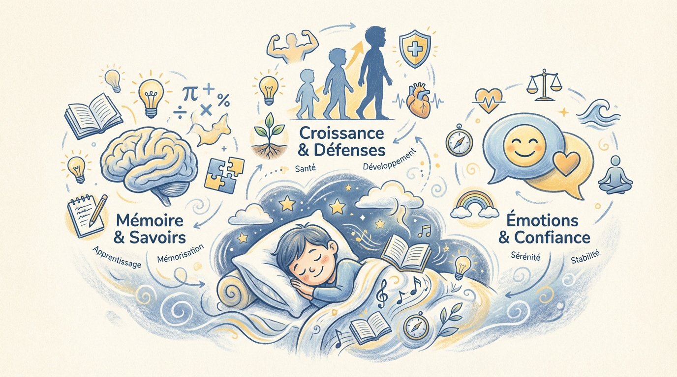 Enfant endormi paisiblement après sa routine du soir pour une meilleure concentration scolaire