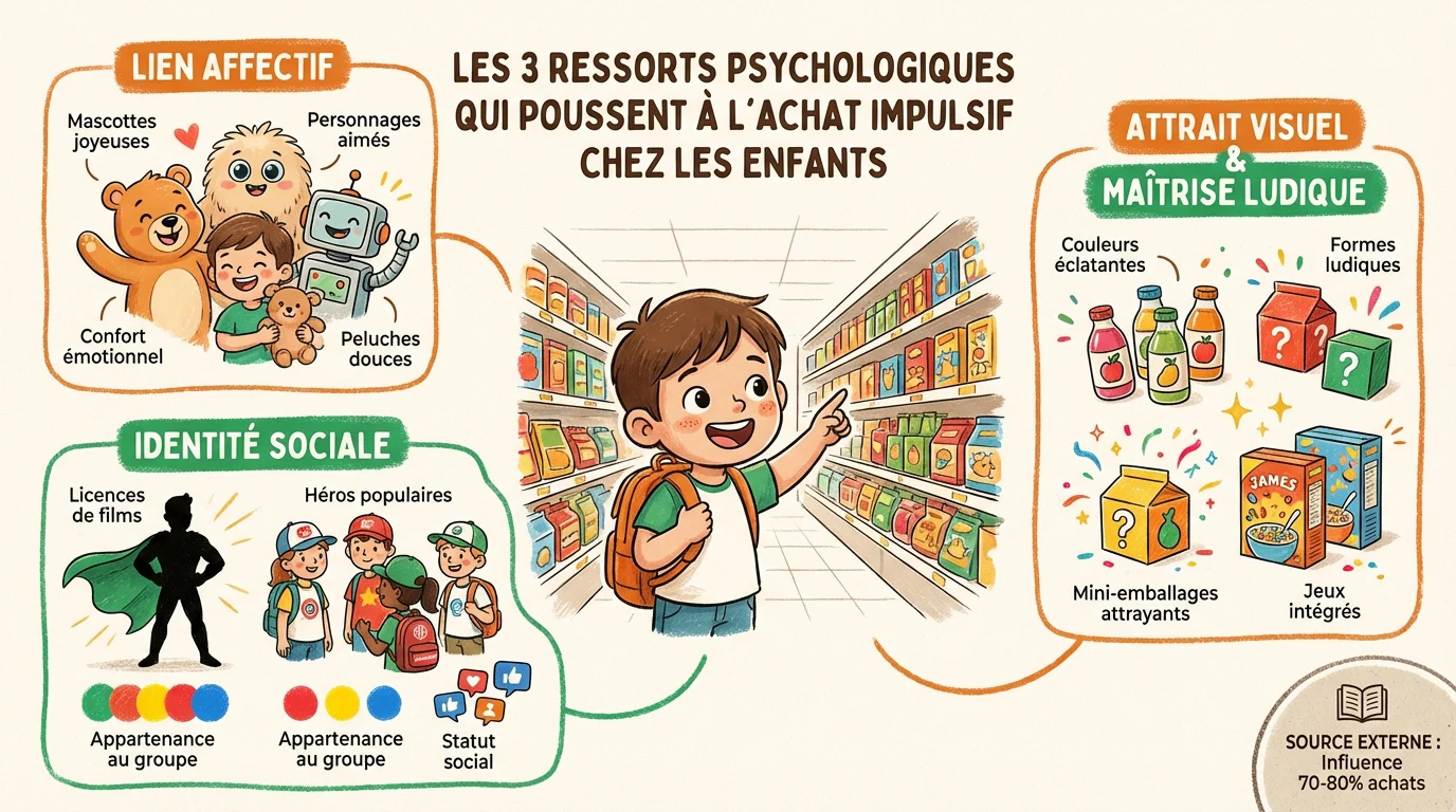 Enfant attiré par des produits colorés en tête de gondole au supermarché