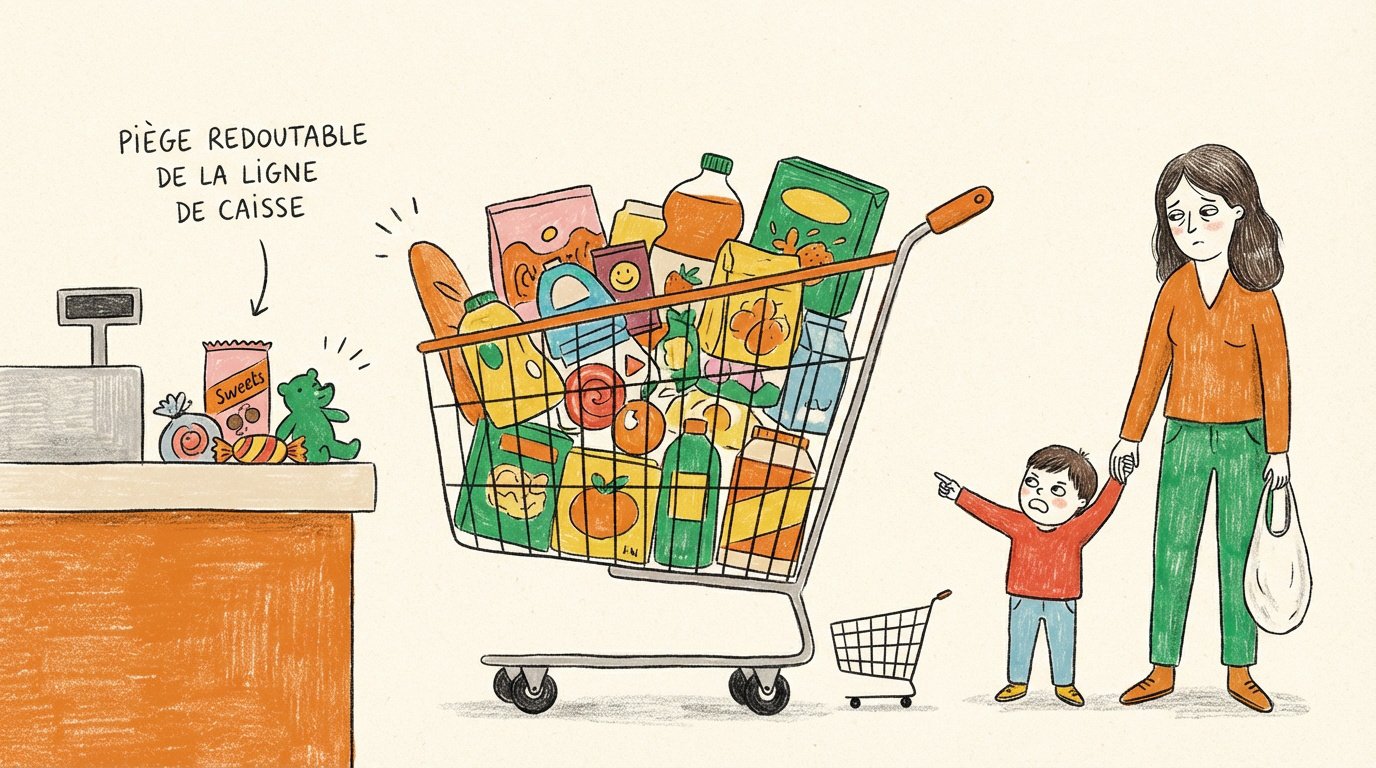 Enfant sollicité par des produits sucrés en tête de gondole au supermarché