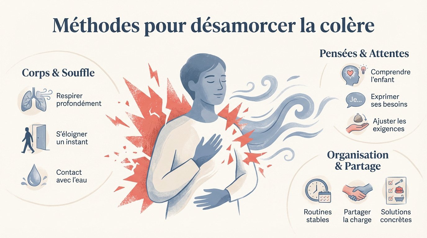 Parent calme pratiquant la respiration consciente devant son enfant