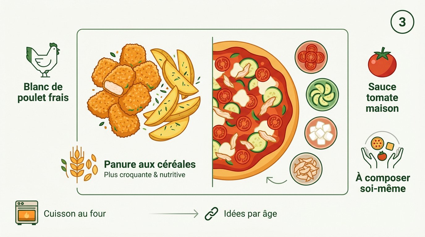 Nuggets de poulet maison et pizza personnalisée pour enfant