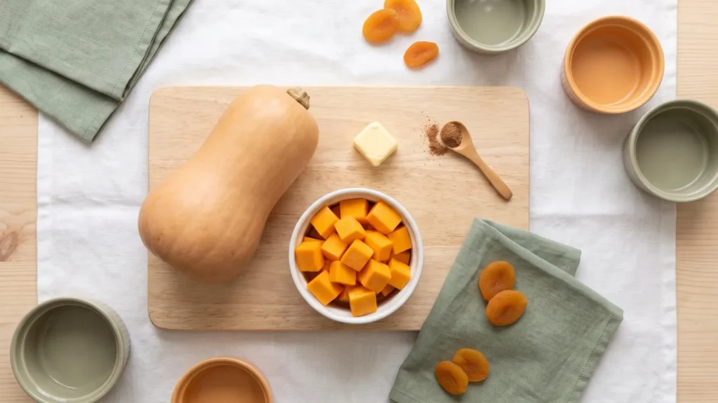 Courge butternut entière, cubes épluchés et noix de beurre sur une planche en bois