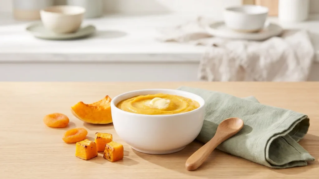 Bol de purée de butternut crémeuse vue du dessus, dés de courge rôtie autour