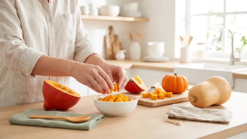 Mains qui coupent un potimarron et un potiron en cubes, une butternut à côté