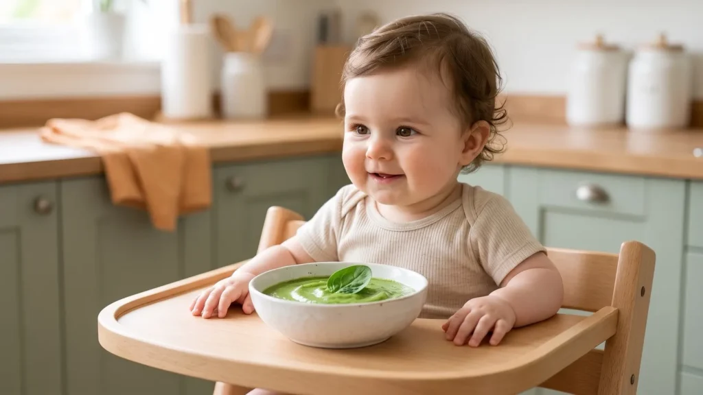 Bébé dans sa chaise haute devant un bol de purée d'épinards et pomme de terre