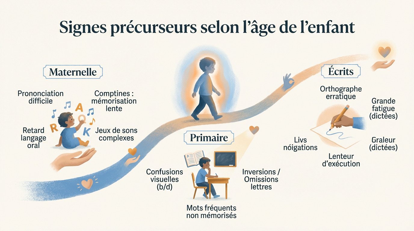 Tableau des signes précurseurs de la dyslexie chez l'enfant de la maternelle au primaire