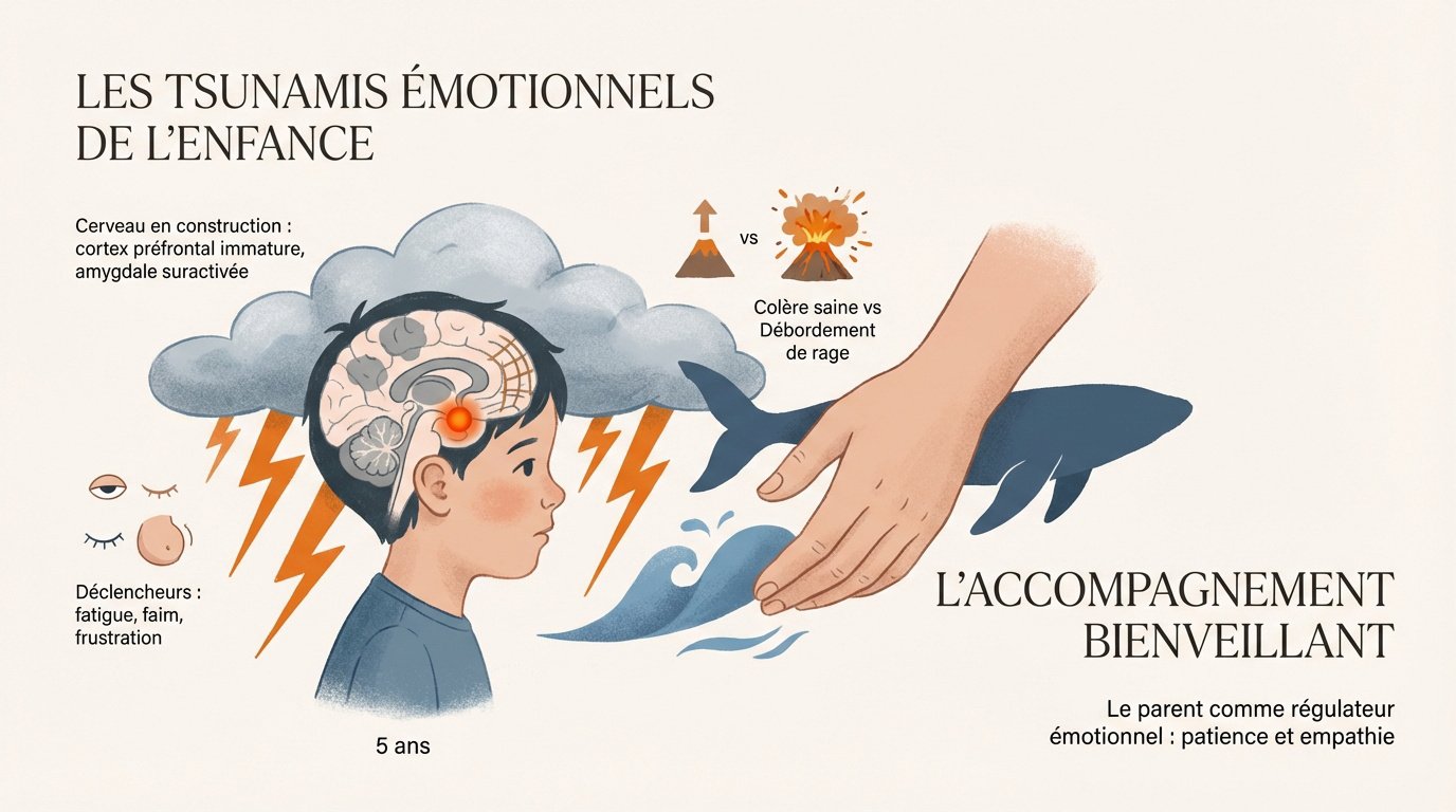 Enfant de 5 ans exprimant une émotion forte avec le soutien d'un parent