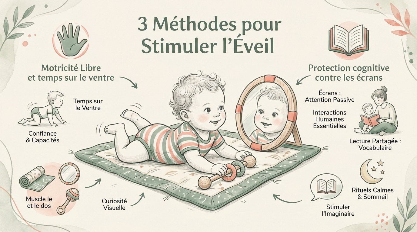 3 methodes pour stimuler leveil du bebe Bébé en pleine séance de motricité libre sur un tapis d'éveil