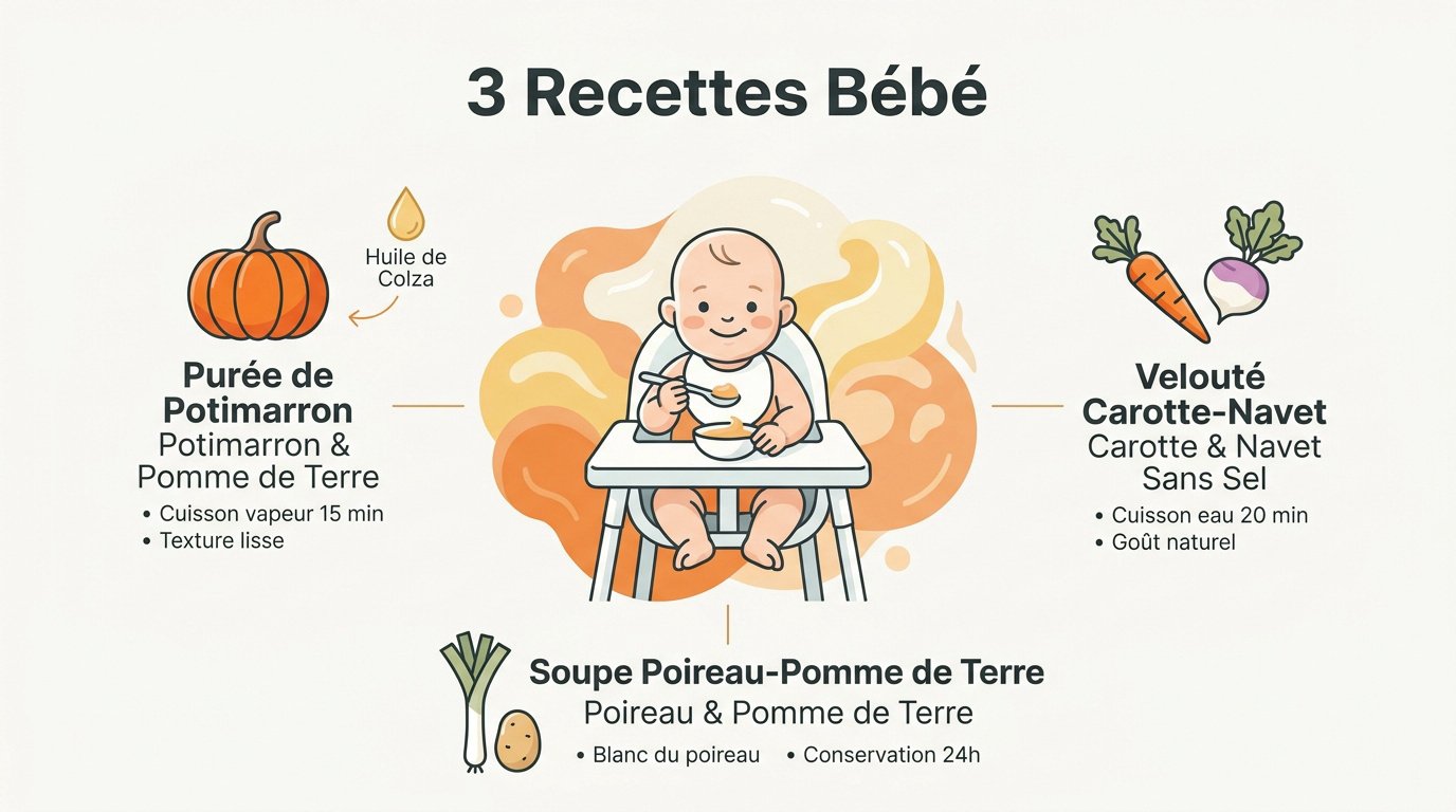 Trois bols de purées colorées pour le repas du soir de bébé