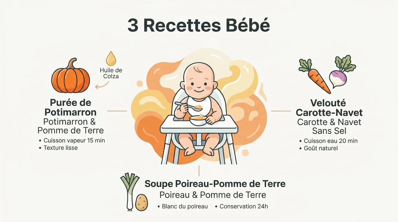 Trois bols de purées colorées pour le repas du soir de bébé