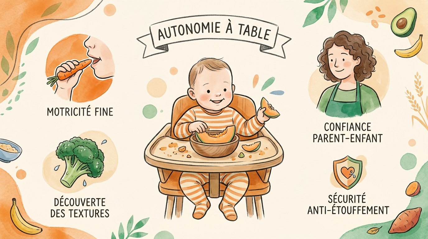 Bébé autonome mangeant des morceaux de légumes en toute sécurité à table
