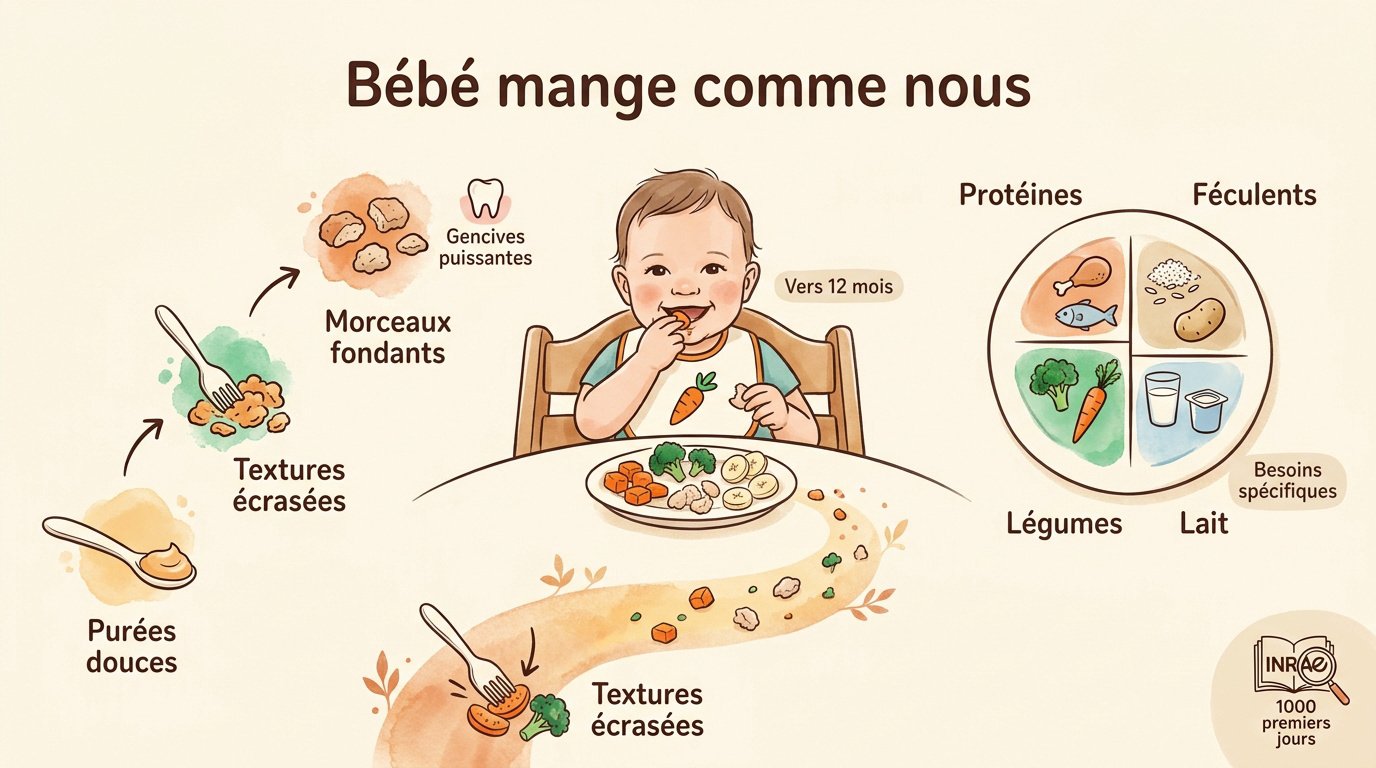 Bébé de 12 mois mangeant des morceaux de légumes fondants à table