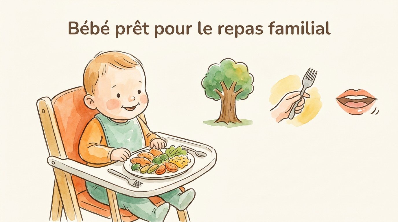 Bébé assis dans une chaise haute montrant de l'intérêt pour la nourriture familiale