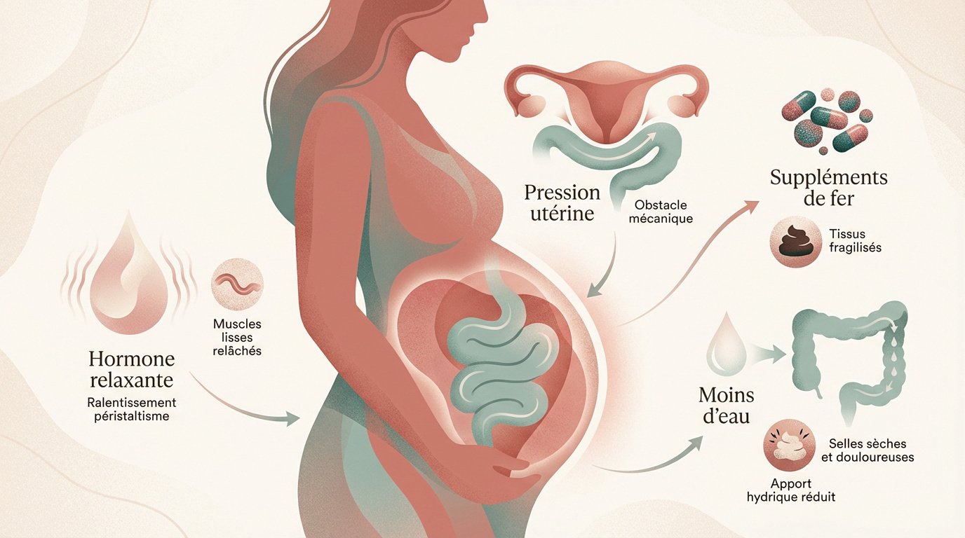 Schéma expliquant les causes de la constipation et de la pression utérine pendant la grossesse