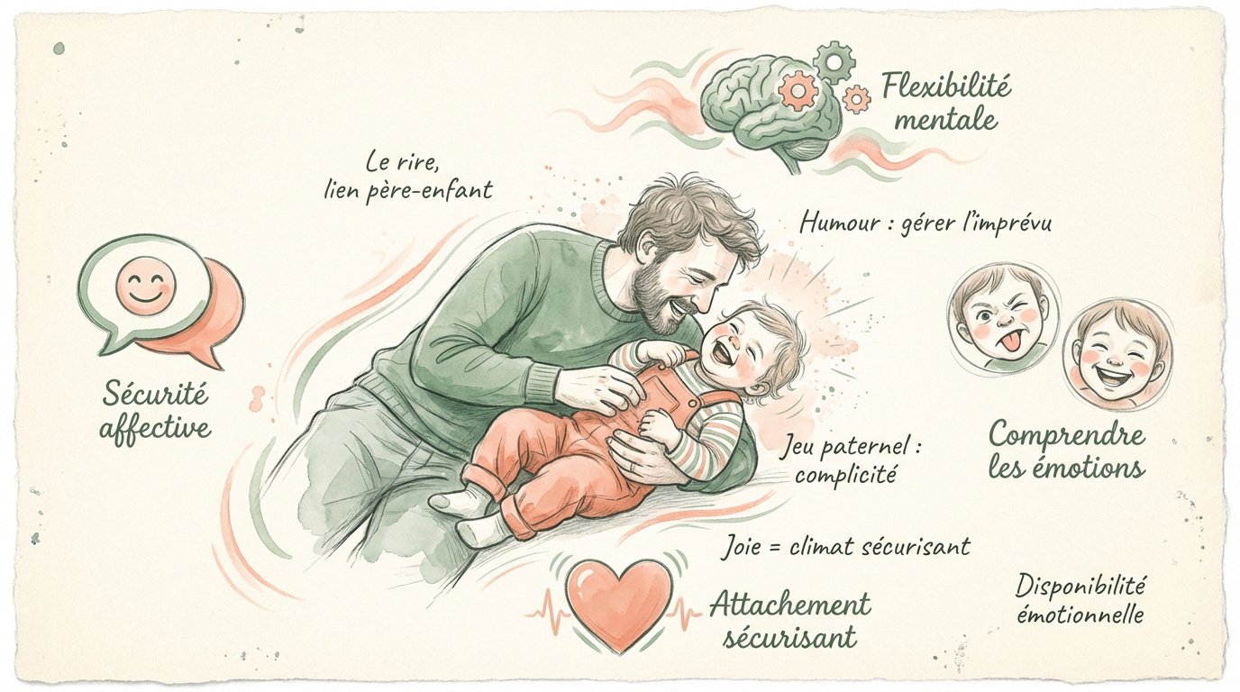 Un père et son jeune enfant riant ensemble lors d'un moment de complicité ludique