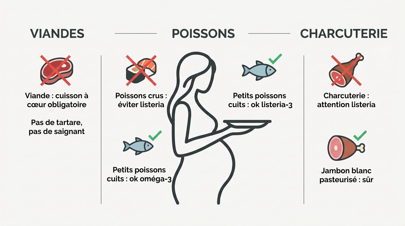 consignes securite alimentaire femme enceinte Infographie des consignes de sécurité alimentaire pour femme enceinte concernant la cuisson des viandes et poissons