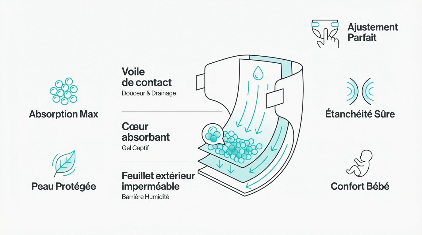 couche bebe absorption and etancheite gros plan sur les couches de protection d'une couche pour bébé montrant les barrières anti-fuites et le voile absorbant