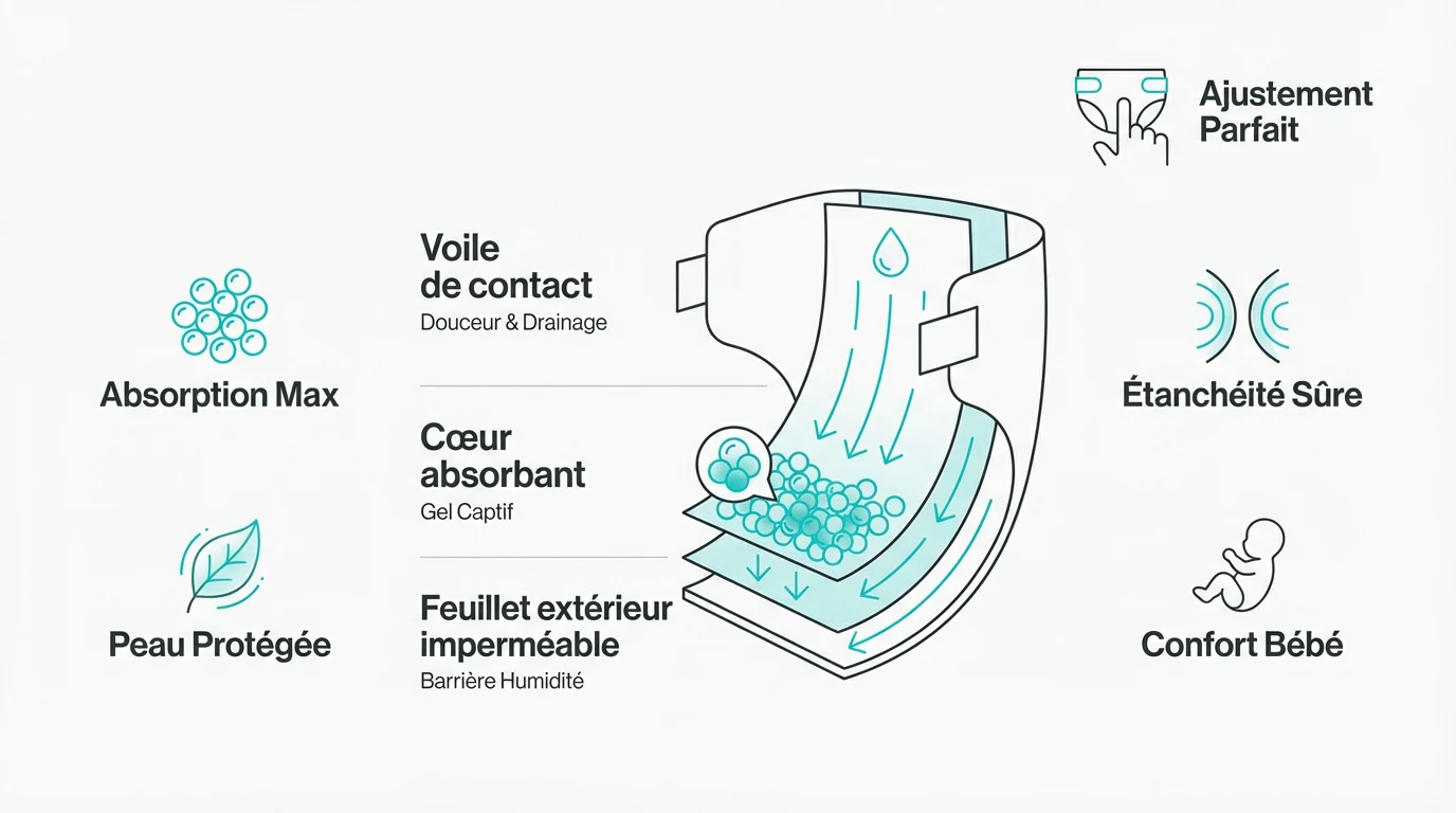 gros plan sur les couches de protection d'une couche pour bébé montrant les barrières anti-fuites et le voile absorbant