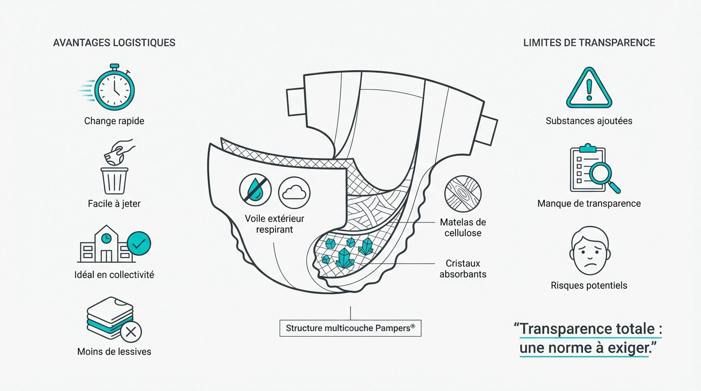 couche jetable praticite vs composition Structure interne d'une couche jetable avec cellulose et cristaux absorbants